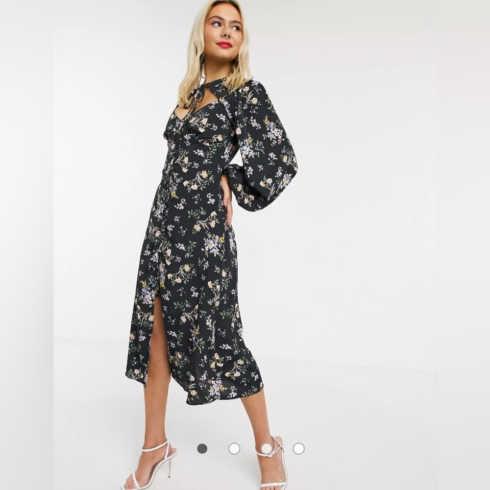 ASOS DESIGN midi dress with neck tie in dark based floral print